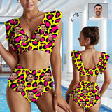 Custom Face Yellow and Pink Leopard Women Ruffle High Waisted Flounce Bikini Set Two Pieces Swimsuit Beachwear