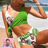 Custom Husband Face Green Leaves Knot Side Bikini Swimsuit Women's Two Piece Swimsuit Personalized Bathing Suit Summer Beach Pool Outfits