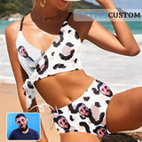 Custom Husband Face Leopard Print Knot Side Bikini Swimsuit Women's Two Piece Swimsuit Personalized Bathing Suit Summer Beach Pool Outfits