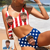 Custom Husband Face US Flag Knot Side Bikini Swimsuit Women's Two Piece Swimsuit Personalized Bathing Suit Summer Beach Pool Outfits