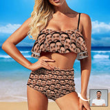 Custom Seamless Face Ruffle Bikini Personalized Bathing Suit Women's Two Piece High Waisted Bikini Swimsuit Summer Beach Pool Outfits