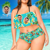 #Plus Size Ruffle Bikini-Custom Face Pineapple Ruffle Bikini Plus Size Swimwear Personalized Bathing Suit Women's Two Piece High Waisted Bikini Swimsuit Summer Beach Pool Outfits