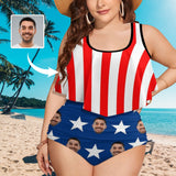 #Plus Size Ruffle Tankini-Custom Face American Flag Plus Size Swimsuit Ruffle High Waisted Bikini Personalized Tankini Women's Two Piece Summer Swimsuit Cover Your Tummy