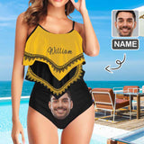 #Tankini Set #Double Ruffled Tankini Custom Face&Name Yellow Ruffle Tankini Personalized Bathing Suit Summer Swimsuit Women's High Waisted Double Ruffle Bikini Set