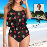 #Tankini Set #Double Ruffled Tankini Custom Face Red Heart Tankini Personalized Bathing Suit Summer Swimsuit Women's High Waisted Double Ruffle Bikini Set