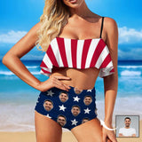 [Top Selling] Custom Face American Flag Ruffle Bikini Swimsuit Personalized Women's Two Piece Bathing Suit High Waisted Summer Beach Pool Outfits