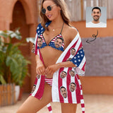 Swimwear 4th of July Boat Trip Beach Cruise Outfit Bathingsuit-Custom Face American Flag String Halter Sexy Bikini & Short Robe Set For Bride and Bridesmaids In Wedding Party And Cruise Ship