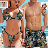 Custom Face Bird Pineapple Flowers Couple Matching Swimsuit Women's Triangle Bikini Bathing Suit Men's Swim Shorts