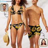 Custom Face Sunflowers Couple Matching Swimsuit Women's Triangle Bikini Bathing Suit Men's Swim Shorts
