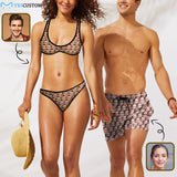 Custom Seamless Face Couple Matching Swimsuit Women's Scoop Neck Sport Top Low Waisted Bikini Bathing Suit Men's Swim Shorts