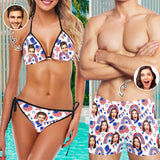 #Couple Matching Swimwear Custom Face US Flag Elements String Halter Low Waisted Triangle Two Piece Bikini Set Personalized Men's Stretch Quick Dry Swim Boxer Briefs