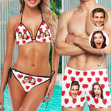 #Couple Matching Swimwear Custom Faces Red Heart String Halter Low Waisted Triangle Two Piece Bikini Set Personalized Men's Stretch Quick Dry Swim Boxer Briefs