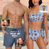 Custom Face Couple Swimsuit Hot Sale Couple Matching Women's One Shoulder Tie Bikini Men's Swim Shorts