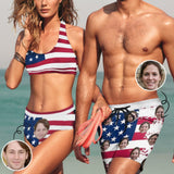 Custom Face Flag Couple Matching Swimsuit Print Women's Sport Top & High-Waisted Bikini Swimsuit personalized Men's Swim Shorts for Honeymoon