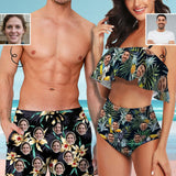Custom Face Green Leaves Couple Matching Swimsuit Print Women's Bathing Suit Design Men's Swim Shorts for Vacation