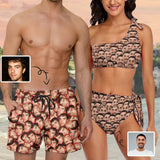 Custom Face Seamless Couple Matching Swimsuit Design Women's One Shoulder Tie Bikini Print Men's Swim Shorts for Holiday
