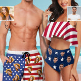 [TIKTOK Same Style Hot Selling] Custom Face American Flag Ruffle Bikini and Swim Shorts Couple Matching Bathing Suits Summer Beach Pool Outfits