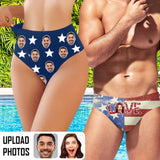 #Couple Matching Swimwear #American Flag Bathingsuit Custom Face Men's Swim Shorts Triangle Briefs Bottoms Women's High Waisted Bikini Bottom for Celebrate Holiday Party