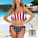 Custom Face American Flag Ruffle Bikini Personalized Bathing Suit Women's Two Piece Low Waisted Bikini Swimsuit Summer Beach Pool Outfits