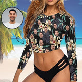 #Long Sleeve Tankini Bikini Top-Custom Face Flowers Long Sleeve Swimwear Top Beach Surf Sunscreen Fashion Cropped Top