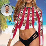#Long Sleeve Tankini Bikini Top-Custom Face Red&White Strips Long Sleeve Swimwear Top Beach Surf Sunscreen Fashion Cropped Top