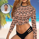 #Long Sleeve Tankini Bikini Top-Custom Funny Face Long Sleeve Swimwear Top Beach Surf Sunscreen Fashion Cropped Top
