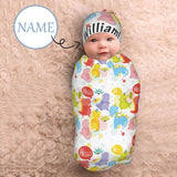 Custom Name Animal Pattern Newborn Swaddle Blanket With Beanie Set Soft Stretchy Cocoon Sack For 0-6 Months Baby Boys And Girls