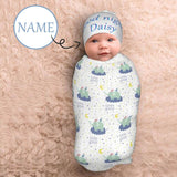 Custom Name Elephant Pattern Newborn Swaddle Blanket With Beanie Set Soft Stretchy Cocoon Sack  For 0-6 Months Baby Boys And Girls