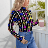 Custom Colorful Lips Women's Bodysuit with Face Personalized Turtleneck Long Sleeve Slim Body Suits Jumpsuit for Women Girls