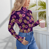Custom Women's Purple Lips Bodysuit with Face Personalized Turtleneck Long Sleeve Slim Fit T Shirts Body Suits Jumpsuit for Women Girls