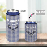 Custom Couple Name Flower Blue-gray Plaid Can Cooler Wedding Koozies Personalized Can Cooler DIY Cooler for Parties Weddings Events