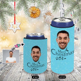 Slim Can Cooler Sleeves With Face Merry Christmas Blue Personalized Soft Neoprene Drink Standard Can Cooler