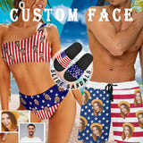 Custom Face Flag Couple Matching Swimsuit One Shoulder Stringless Low Waited Bikini&Swim Shorts Personalized Bathing Suits Beach Outfits