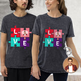 Custom Photo Cotton Love Puzzle Casual Couple Denim T-Shirt