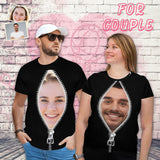 Custom Shirts with Faces Black Zipper Peek Matching Couple All Over Print T-shirt Put Your Face on A Tshirt