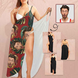Custom Husband Face Big Leaves Spaghetti Strap Backless Beach Dress Personalized Women's Cover up Beach Dress