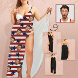 Custom Husband Face Striped Stars Spaghetti Strap Backless Beach Dress Personalized Women's Cover up Beach Dress