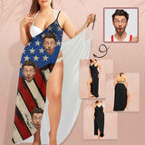 Custom Husband Face USA Flag Spaghetti Strap Backless Beach Dress Personalized Women's Cover up Beach Dress