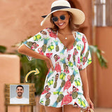 Custom Face Flamingo Fruits One Piece Cover Up Dress Personalized Women's Short Sleeve Beachwear Coverups