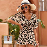 Custom Face Leopard One Piece Cover Up Dress Personalized Women's Short Sleeve Beachwear Coverups
