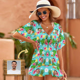 Custom Face Pineapple Flower One Piece Cover Up Dress Personalized Women's Short Sleeve Beachwear Coverups