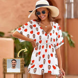 Custom Face Red Heart One Piece Cover Up Dress Personalized Women's Short Sleeve Beachwear Coverups