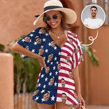 Custom Face US Flag One Piece Cover Up Dress Personalized Women's Short Sleeve Beachwear Coverups