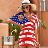 Custom Face USA Flag One Piece Cover Up Dress Personalized Women's Short Sleeve Beachwear Coverups