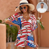 Custom Face USA Flag One Piece Cover Up Dress Personalized Women's Short Sleeve Beachwear Coverups