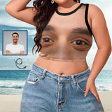 Custom Face on Tank Tops Big Eyes Women's High Neck Crop Top with Boyfriend Face Swimsuits Bustier