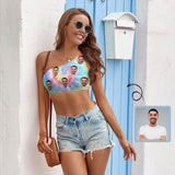 Put Husband Face on Tank Top Personalized Colorful Tie-dye Women's One-shoulder Crop Top Summer Beach Vest