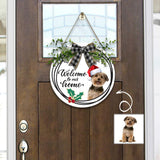 Custom Pet Dog Photo Red Hat Christmas Door Hanger Welcome Personalized Wood Circle Sign Round Welcome Sign Front Door Decor