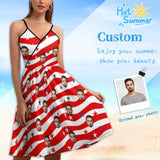 Custom Face Red And White Stripes Personalized Sundress Star Women's Sling Dress