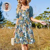 Custom Face Tropical Flowers Summer Short Sleeves Elastic Straps Dress Personalized Sundress Women's Dress